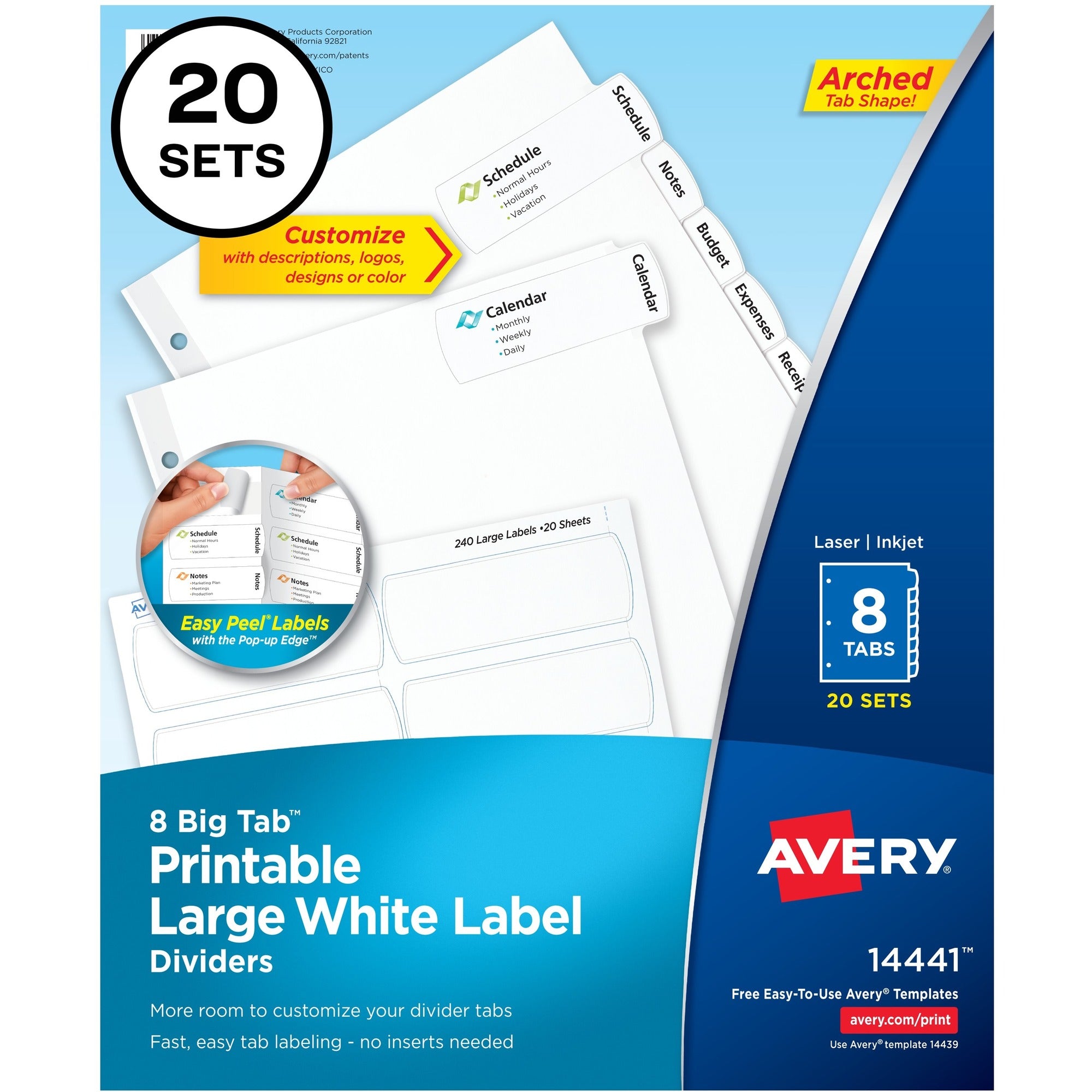 Avery® Big Tab Printable Large White Dividers with Easy Peel, 8 Tabs - 160 x Divider(s) - 8 - 8 Tab(s)/Set - 8.5" Divider Width x 11" Divider Length - 3 Hole Punched - White Paper Divider - White Paper Tab(s) - 20% Recycled - 20 / Box