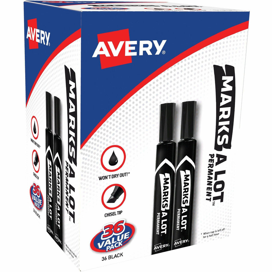 Avery®Marks A Lot Marks A Lot Permanent Markers - Large Desk-Style Size - 4.762500 mm Chisel Marker Point - Black Ink - 36 / Box