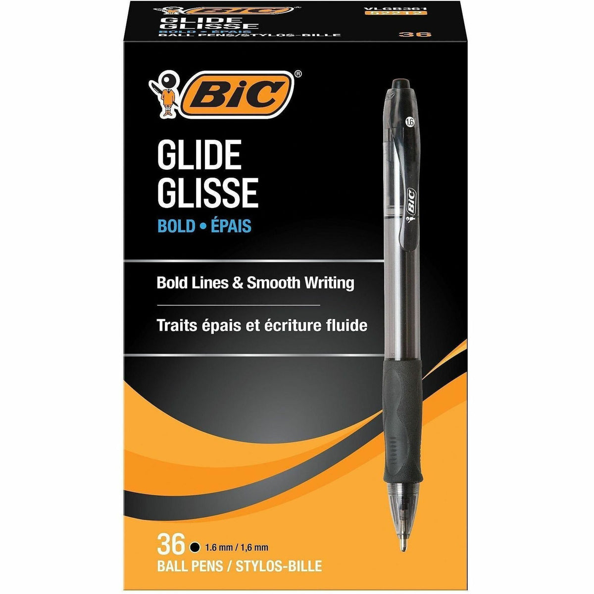 BIC Glide Bold - 1.6 mm Bold Pen Point - Retractable - Black Ink - Black Barrel - Tungsten Carbide Tip - 36 / Box