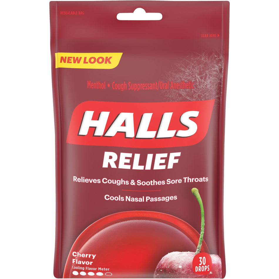HALLS Halls Cherry Cough Drops - For Sore Throat, Cough, Nasal Congestion - Cherry - 30/Bag - 12 / Box