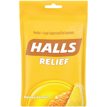 HALLS Halls Honey-Lemon Cough Drops - For Sore Throat, Cough, Nasal Congestion - Honey Lemon - 30/Bag - 12 / Box