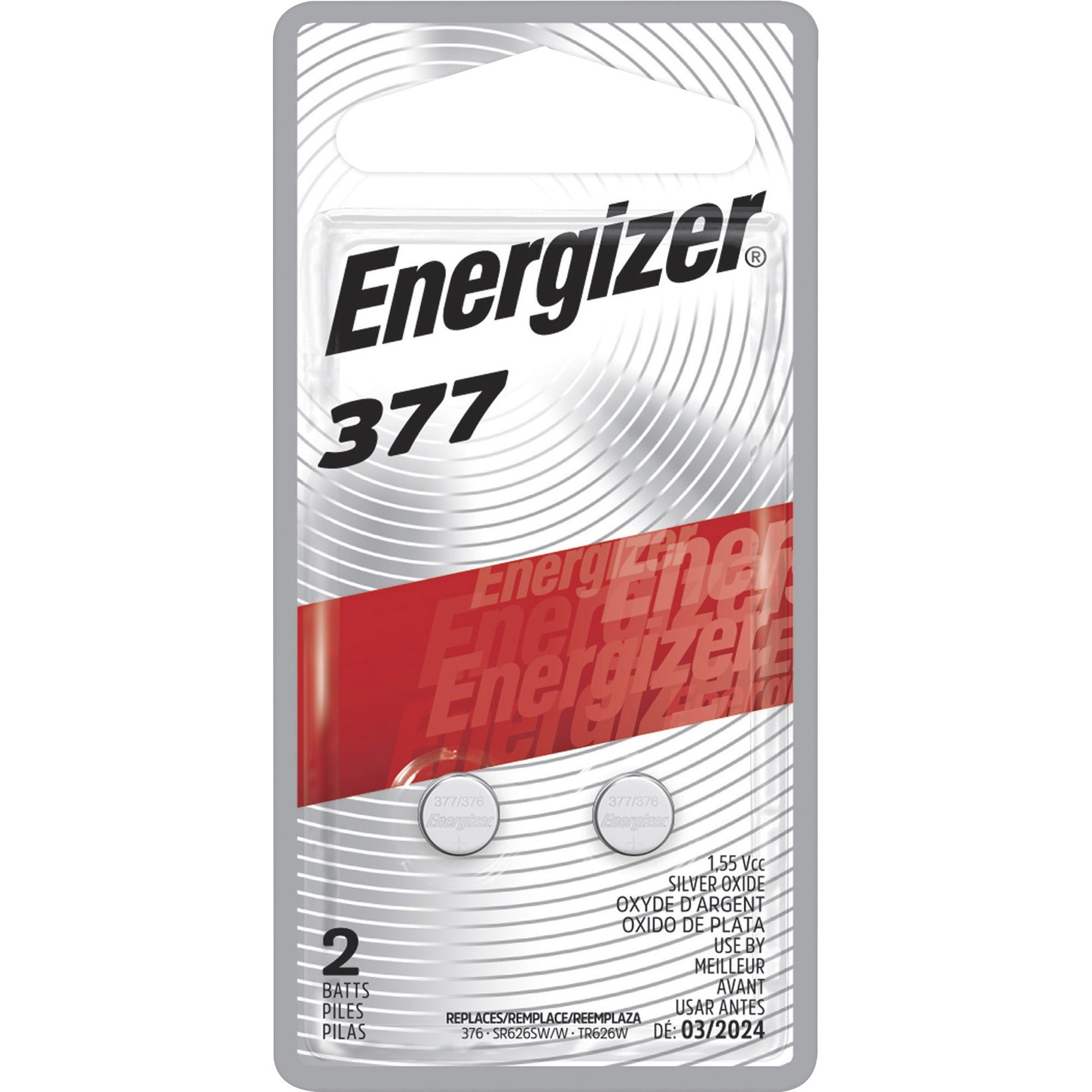 Energizer 377 Watch/Electronic Battery - For Multipurpose - SR66 - 24 mAh - 1.55 V DC - 2 / Pack