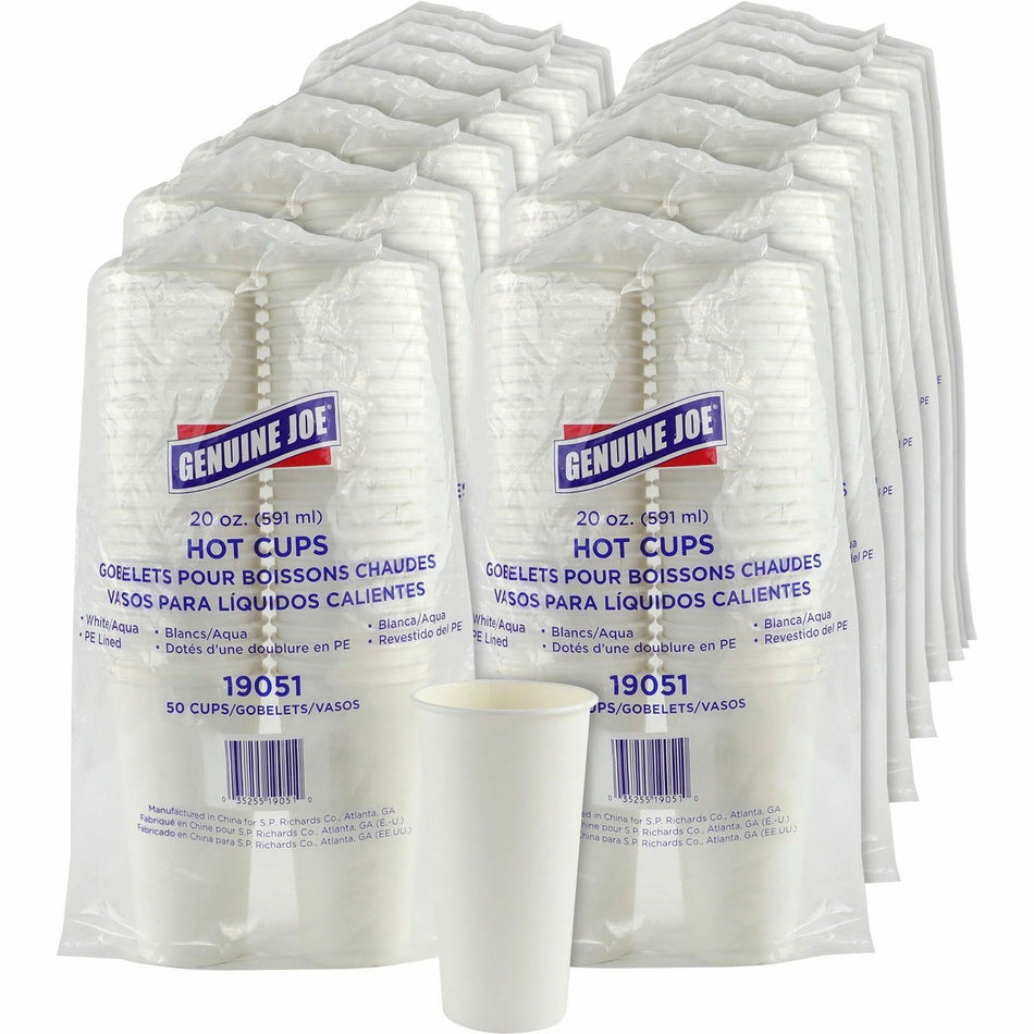 Genuine Joe 20 oz Disposable Hot Cups - 20 fl oz - White - Polyurethane - Coffee, Hot Drink, Picnic, Company, Tea, Hot Chocolate, Beverage - 50/Pack - 20 / Carton
