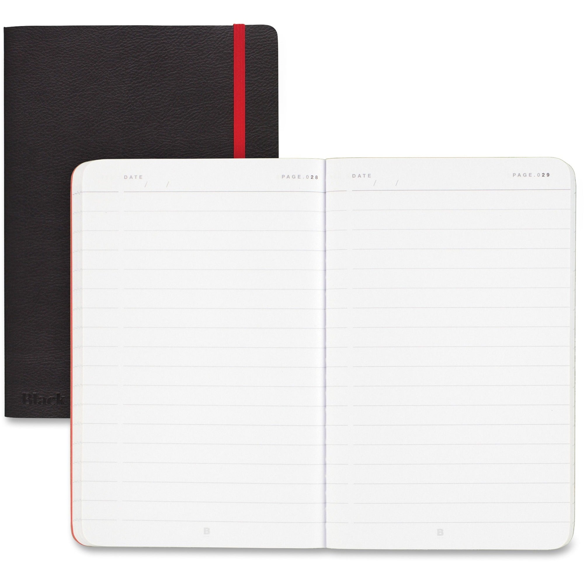 Black n' Red Soft Cover Business Notebook - Sewn - Ruled Front Ruling - 6" x 8" Sheet Size - High White Paper - Black/Red Cover - Resist Bleed-through, Numbered, Expandable Pocket, Bungee, Soft Cover - 1 Each