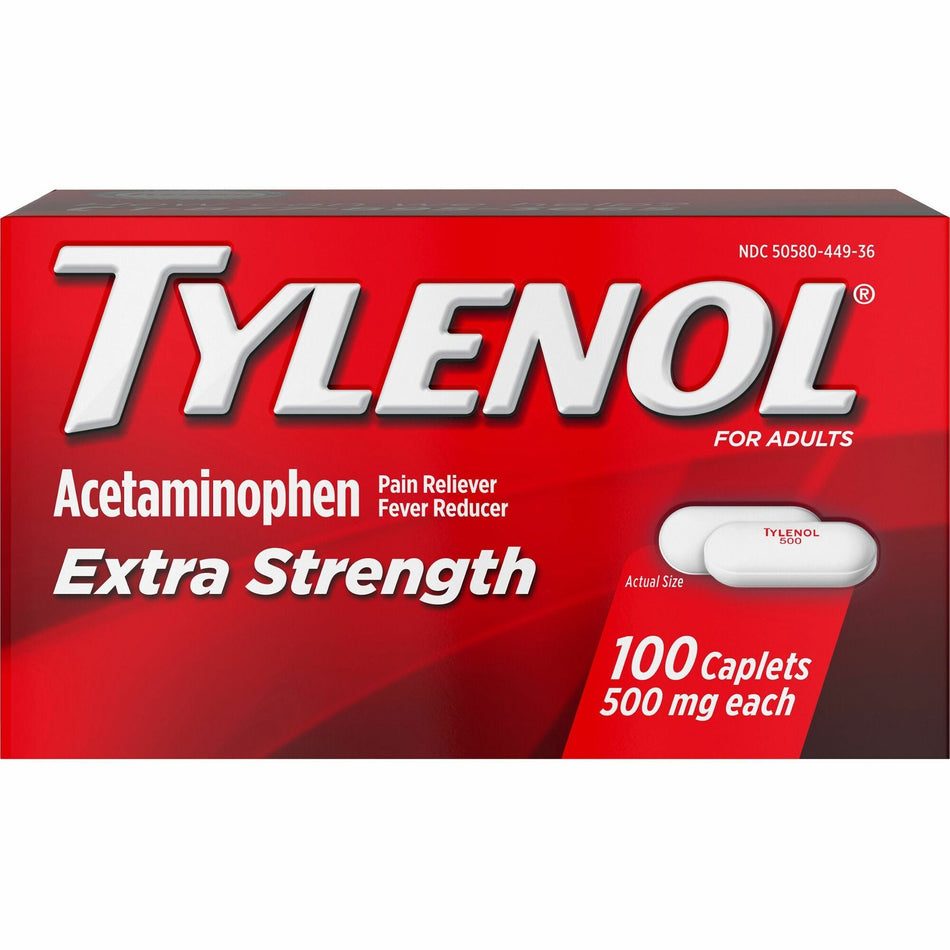 Tylenol Extra Strength Caplets - For Fever, Headache, Muscular Pain, Arthritis, Toothache, Backache - 100 / Bottle