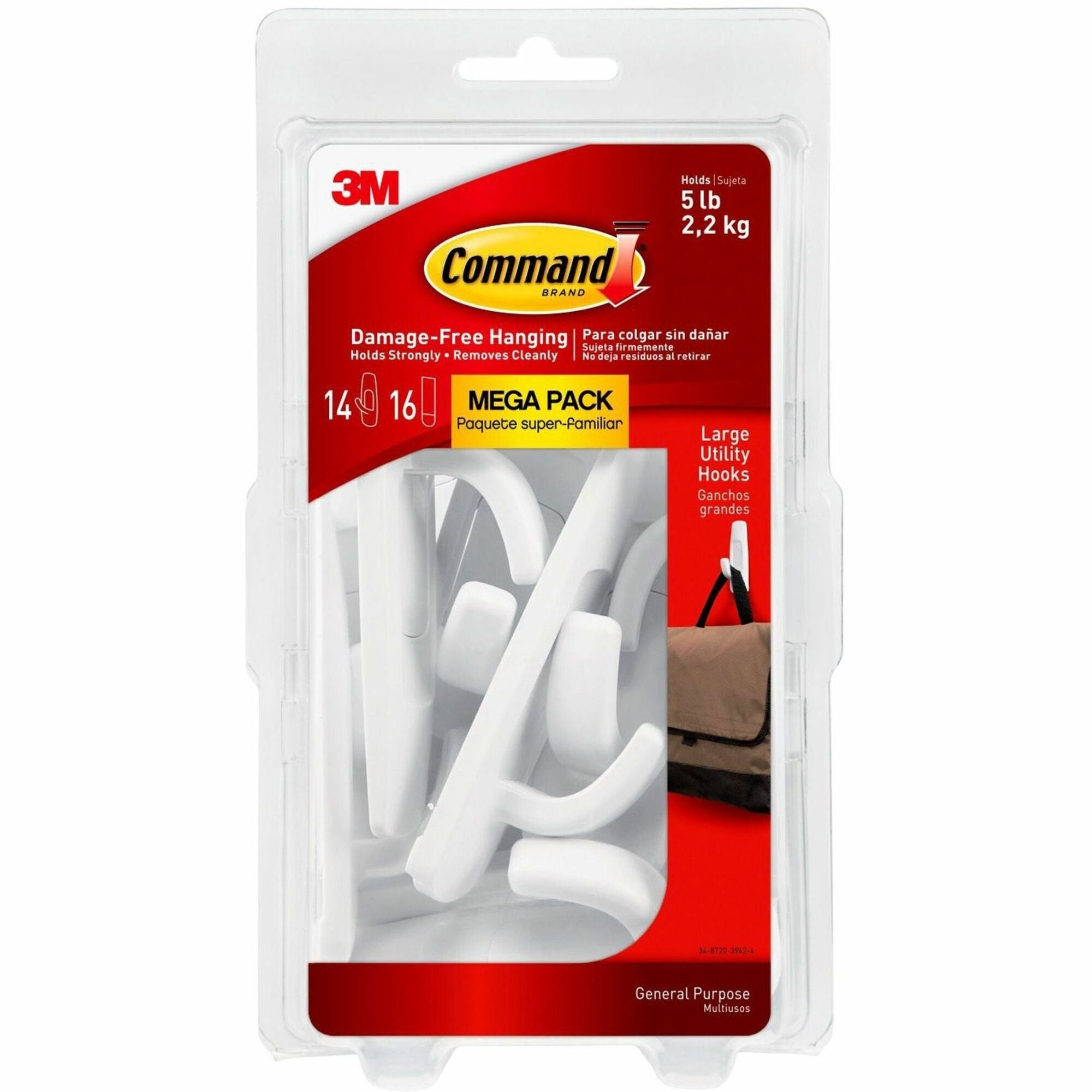 Command Large Utility Hook Mega Pack - 14 Hooks - 14 Large Hook - 5 lb (2.27 kg) Capacity - 3.9" Height x 1.8" Width - for Multipurpose, Paint, Wood, Tile - Plastic - White - 14 / Pack
