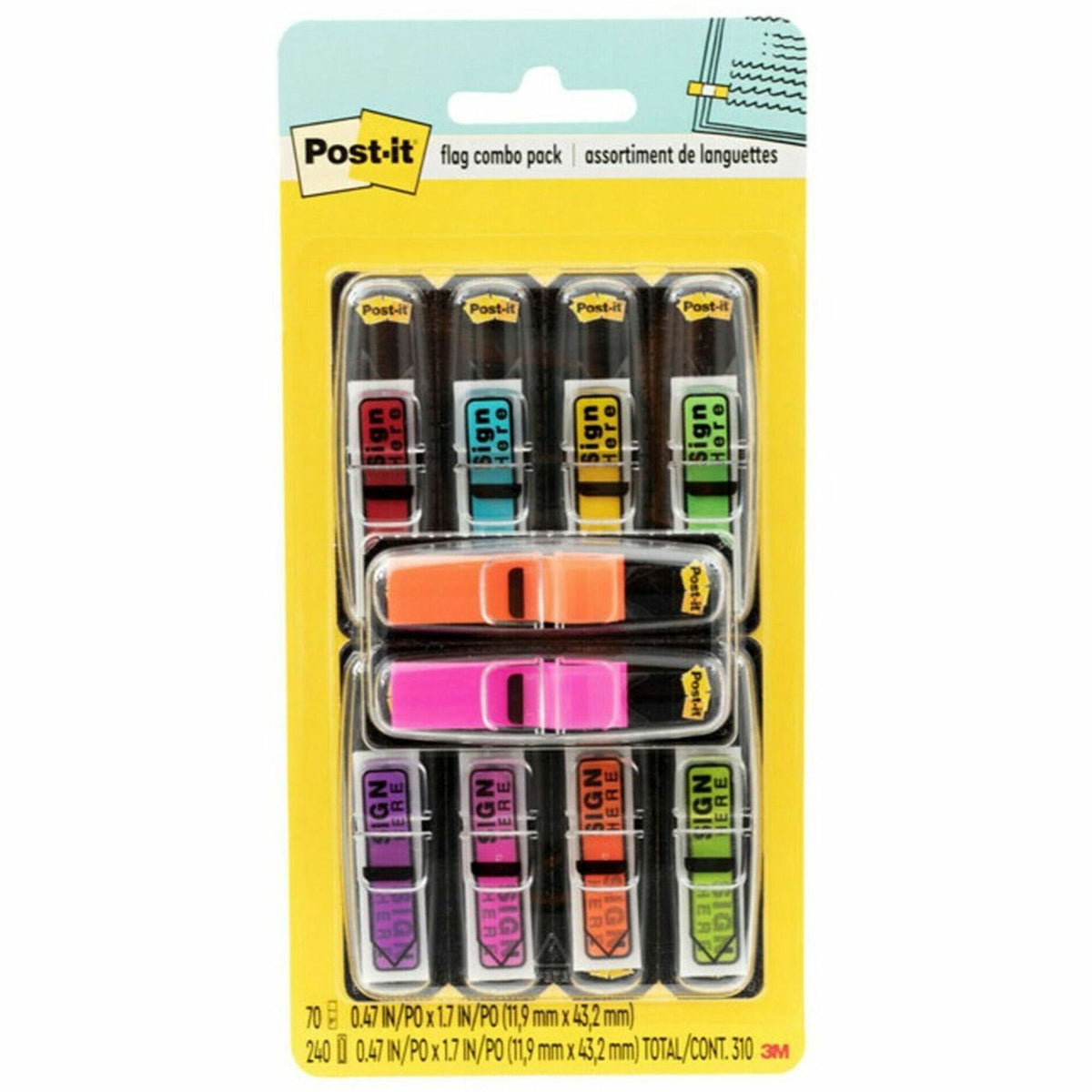 Post-it®  Post-it Printed Message Flags Value Pack - 1/2" Flag/Note Width x 1 3/4" Flag/Note Length - Arrow - SIGN HERE - Assorted - Self-stick, Repositionable, Removable - Dispenser Included - 240 / Pack