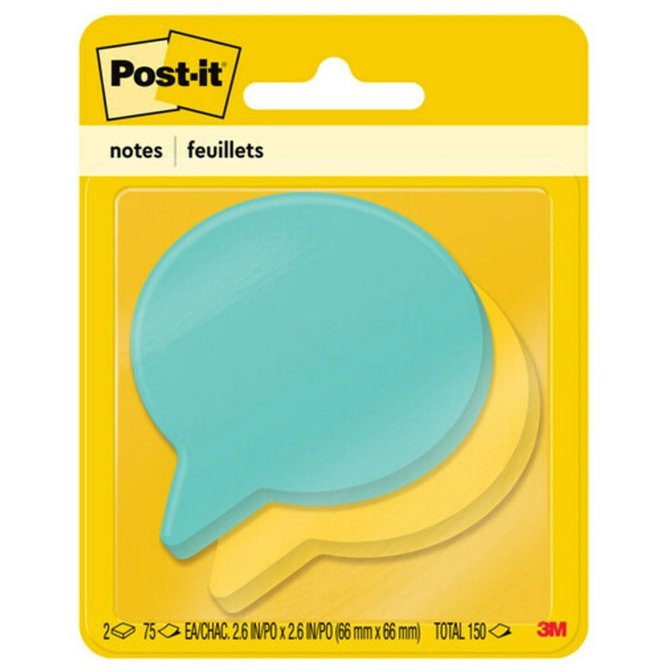 Post-it® Die-Cut Notes - 150 x Assorted - 3" Flag/Note Width x 3" Flag/Note Length - Thought Bubble - 75 Sheets per Pad - Blue, Green - Die-cut, Self-adhesive - 2 / Pack