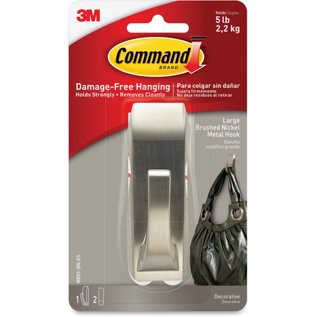 Command Large Modern Reflections Hook - 5 lb (2.27 kg) Capacity - for Painted Surface, Wood, Tile - Metal - Brushed Nickel - 1 / Pack