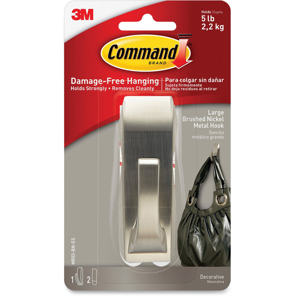 Command Large Modern Reflections Hook - 5 lb (2.27 kg) Capacity - for Painted Surface, Wood, Tile - Metal - Brushed Nickel - 1 / Pack