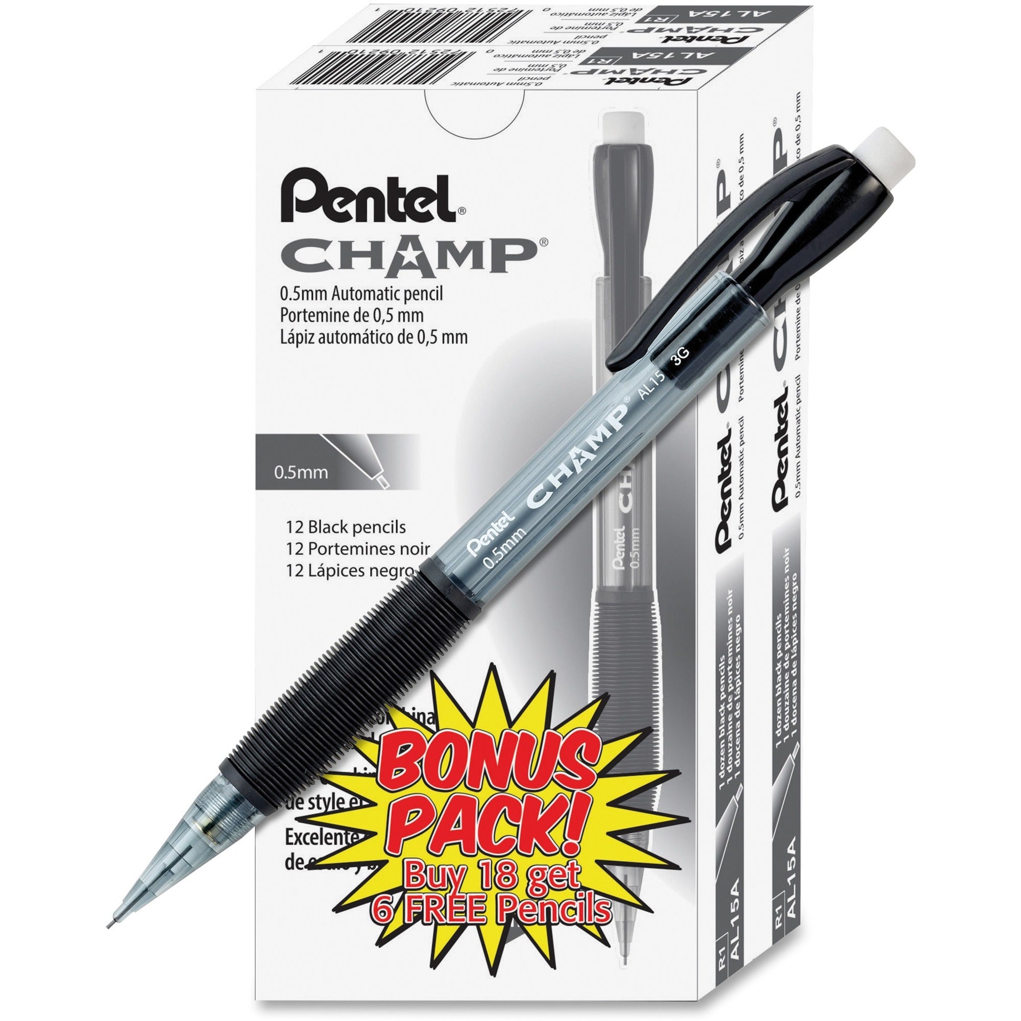 Pentel Champ Mechanical Pencils - 0.5 mm Black Lead - HB - Refillable - Black Barrel - 24 / Pack