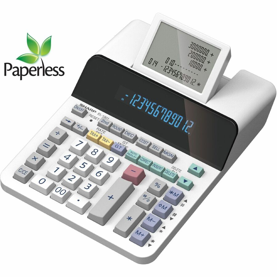 Sharp Calculators EL-1901 12-Digit Paperless Printing Calculator - 2.5 lps - Independent Memory, Sign Change, Backspace Key, Double Zero - 5 Line(s) - 12 Digits - LCD - AC/DC Supply Powered - 2.3" Height x 7.3" Width x 9.4" Depth - White - 1 Each