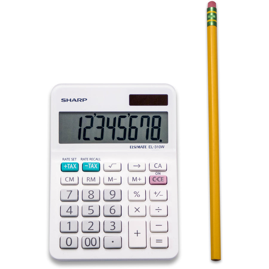 Sharp Calculators EL-310WB 8-Digit Professional Mini-Desktop Calculator - 4-Key Memory, Sign Change, Backspace Key, Auto Power Off, Double Zero - 8 Digits - LCD - 1" Height x 3.4" Width x 4.8" Depth - White - Desktop - 1 Each