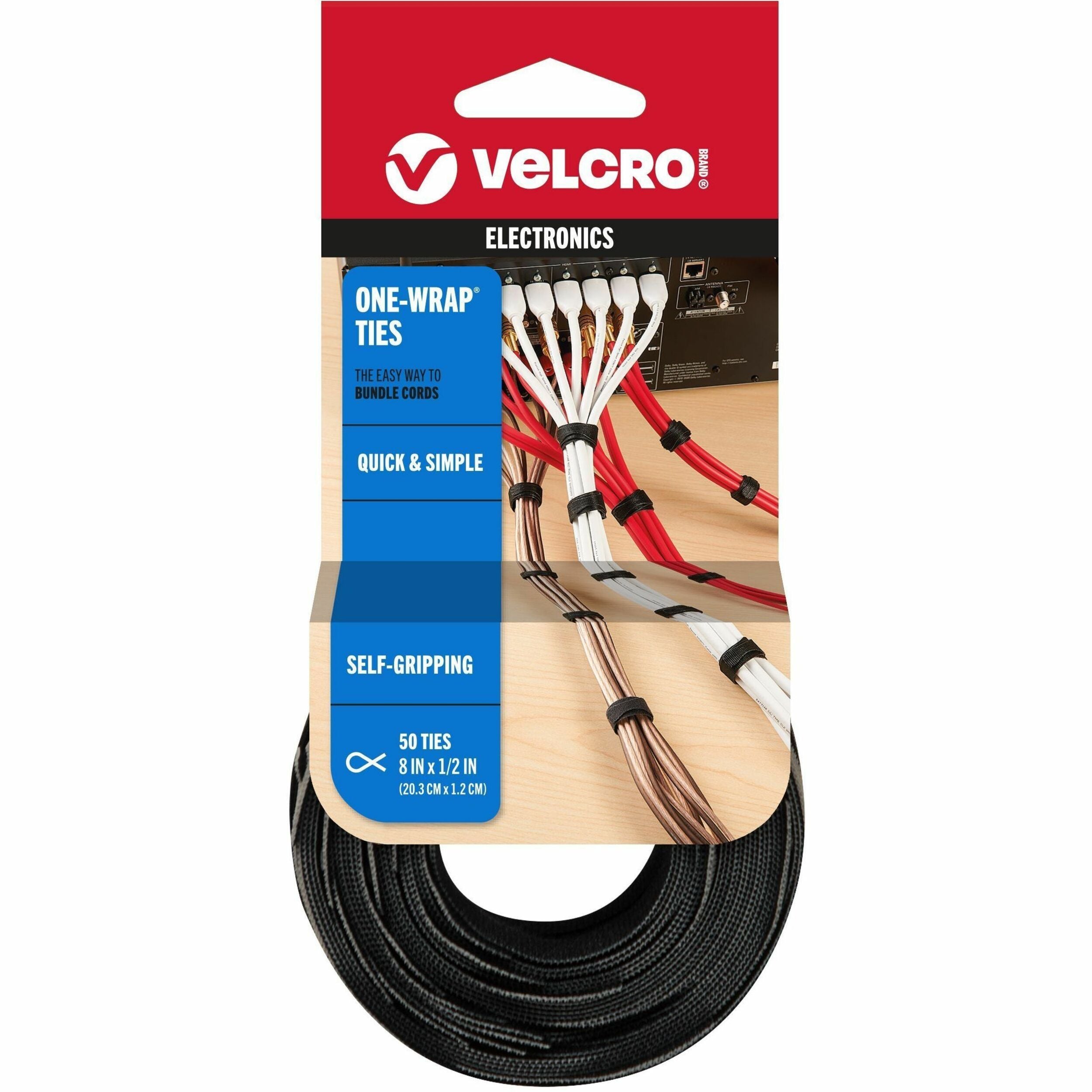 VELCRO®  One Wrap Light-duty Thin Bundling Ties - 5" Width x 8" Length - Black - 50 / Pack