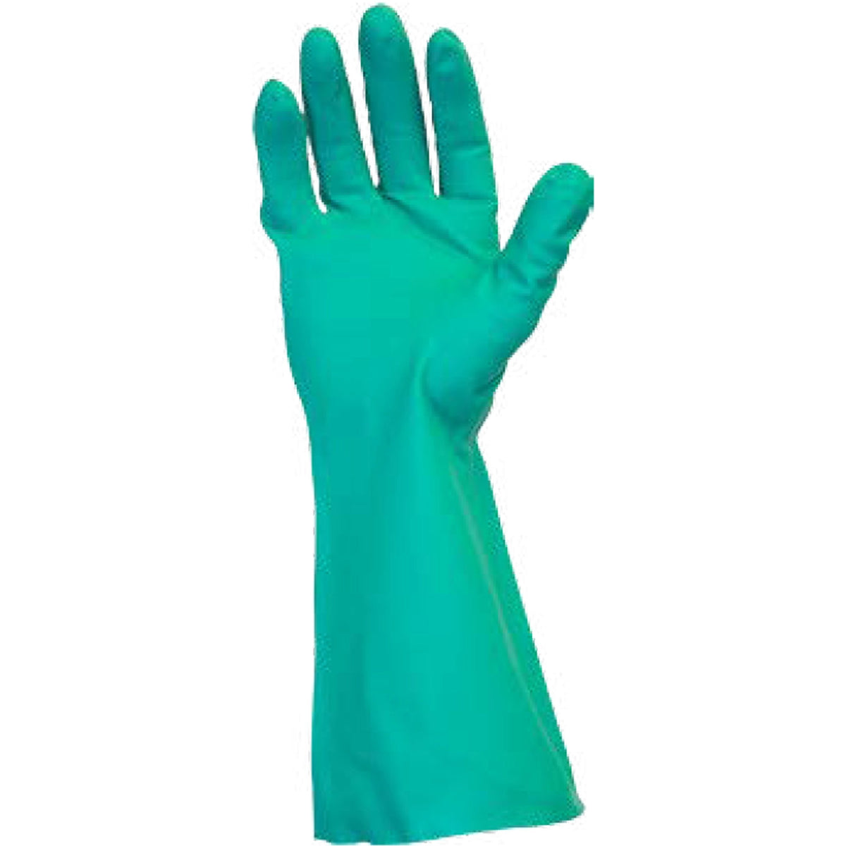 Safety Zone Green Flock Lined Nitrile Gloves - 15 mil Thickness x 13" Glove Length - Chemical Protection - Medium Size - Green - Raised Diamond Grip, Flock-lined - For Dishwashing, Cleaning, Meat Processing - 1 Dozen