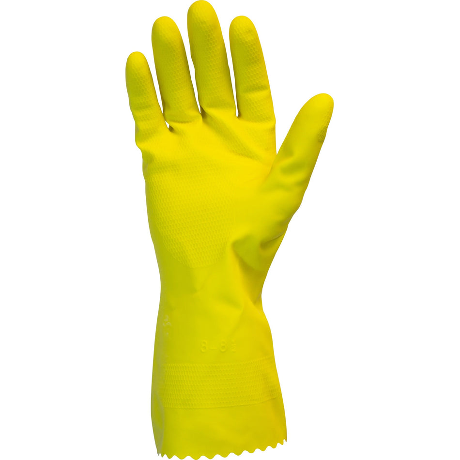 Safety Zone Yellow Flock Lined Latex Gloves - 18 mil Thickness x 12" Glove Length - Chemical Protection - Small Size - Yellow - Fish Scale Grip, Flock-lined - For Dishwashing, Cleaning, Meat Processing - 1 Dozen