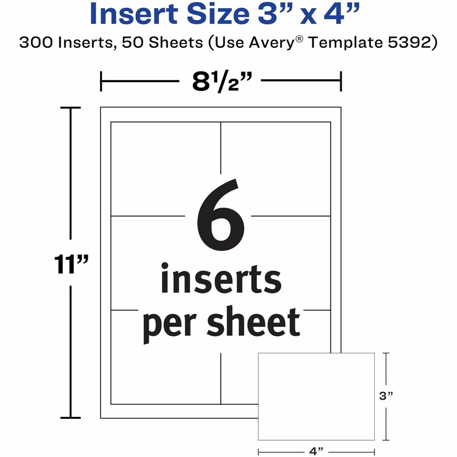 Avery® Laser/Inkjet Badge Insert Refills - x 3" Width x 4" Length - Insert - Inkjet, Laser - White - Card Stock - 6 / Sheet - 50 Total Sheets - 300 Total Label(s) - 300 / Box