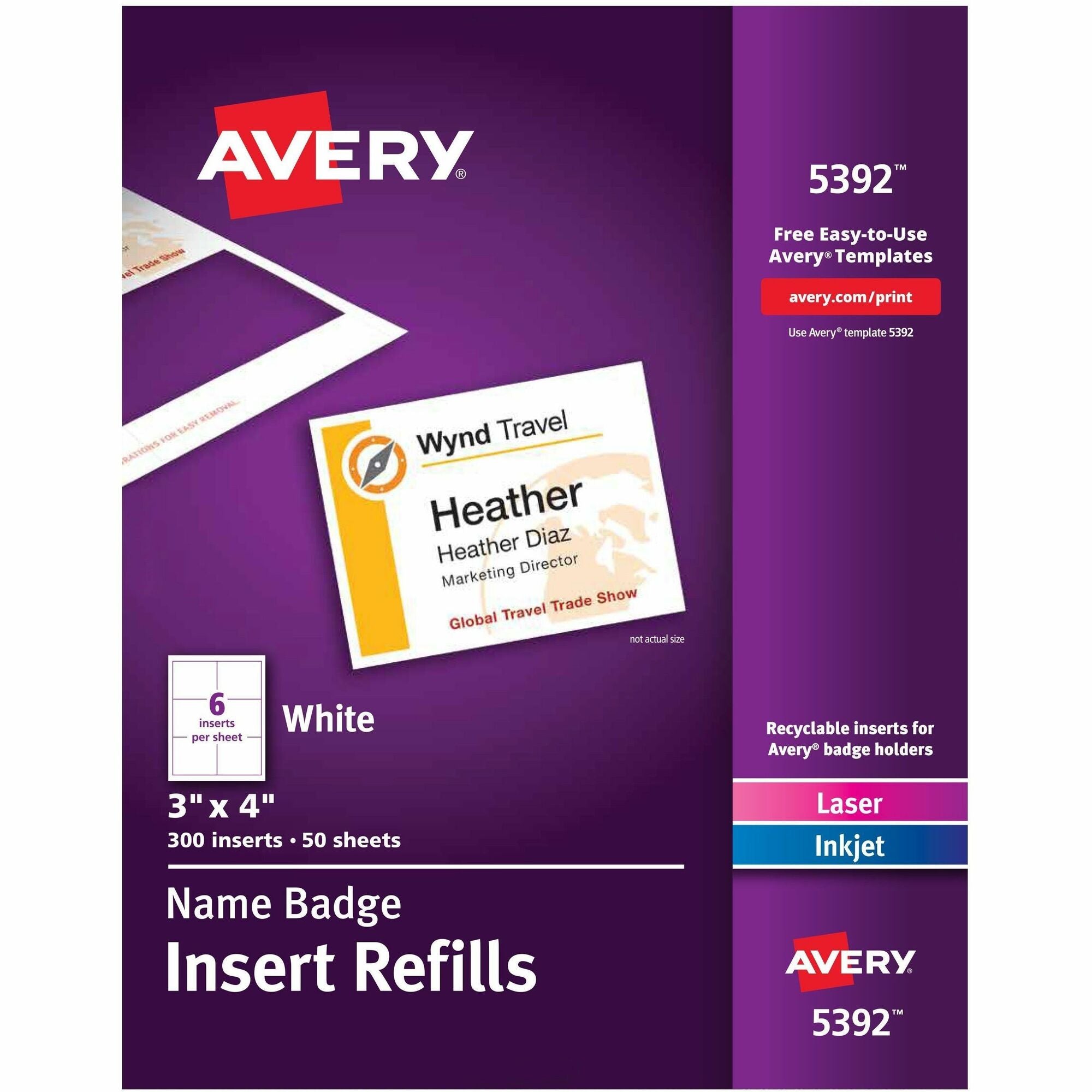 Avery® Laser/Inkjet Badge Insert Refills - x 3" Width x 4" Length - Insert - Inkjet, Laser - White - Card Stock - 6 / Sheet - 50 Total Sheets - 300 Total Label(s) - 300 / Box