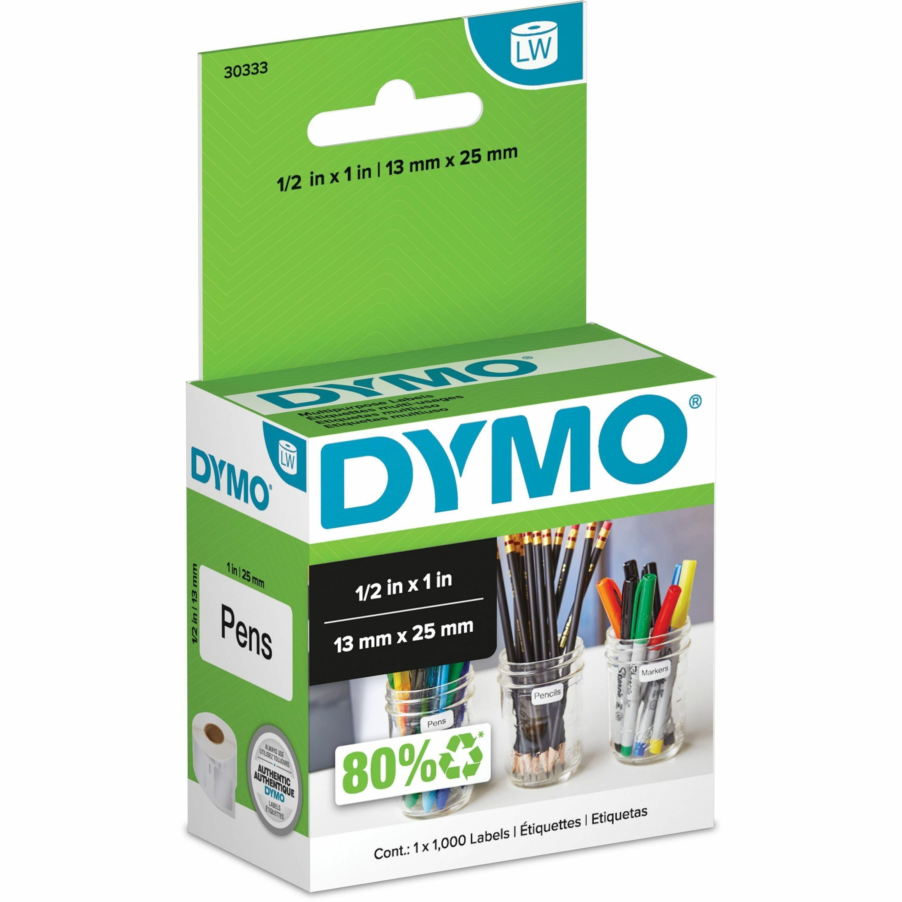 Dymo LW Multi-Purpose Labels 1/2" x 1" - 1/2" Width x 1" Length - Rectangle - Thermal Transfer - White - Paper - 1000 / Roll - 1 / Box