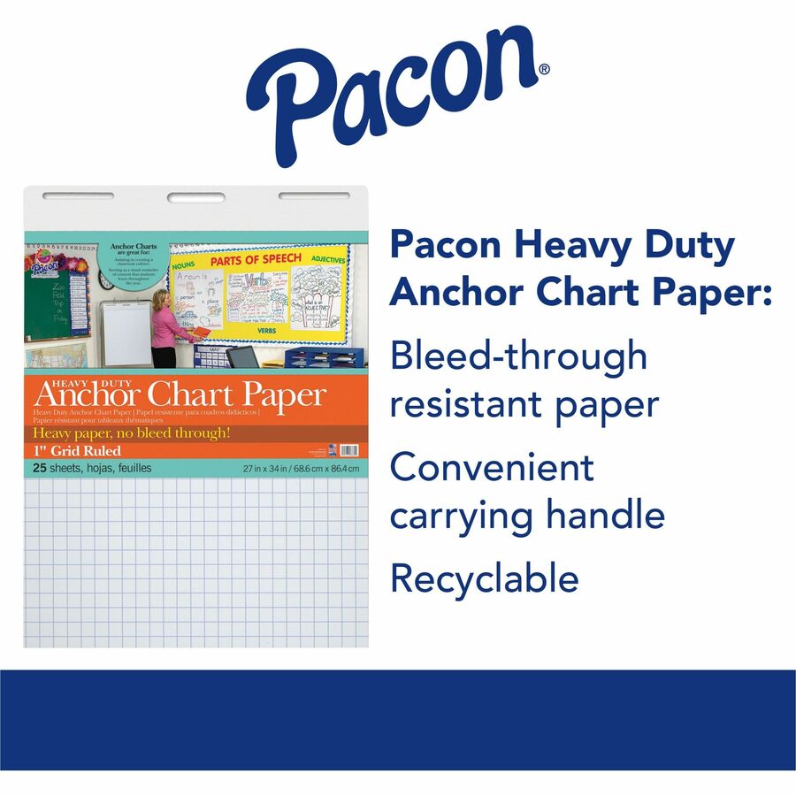 Pacon Heavy Duty Anchor Chart Paper - 25 Sheets - Grid Ruled Front Ruling - 1" Ruled - 1 Horizontal Squares - 1 Vertical Squares - 27" x 34" Sheet Size - White Paper - 4 / Carton