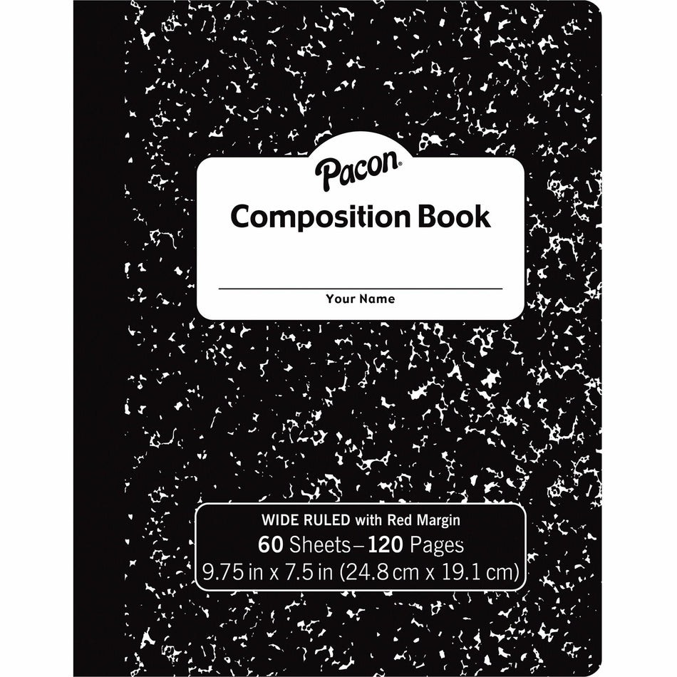 Pacon Composition Book - 60 Sheets - Wide Ruled Front Ruling - 0.37" Ruled - 7 1/2" x 9 3/4" Sheet Size - Black Marble Cover - 72 / Carton