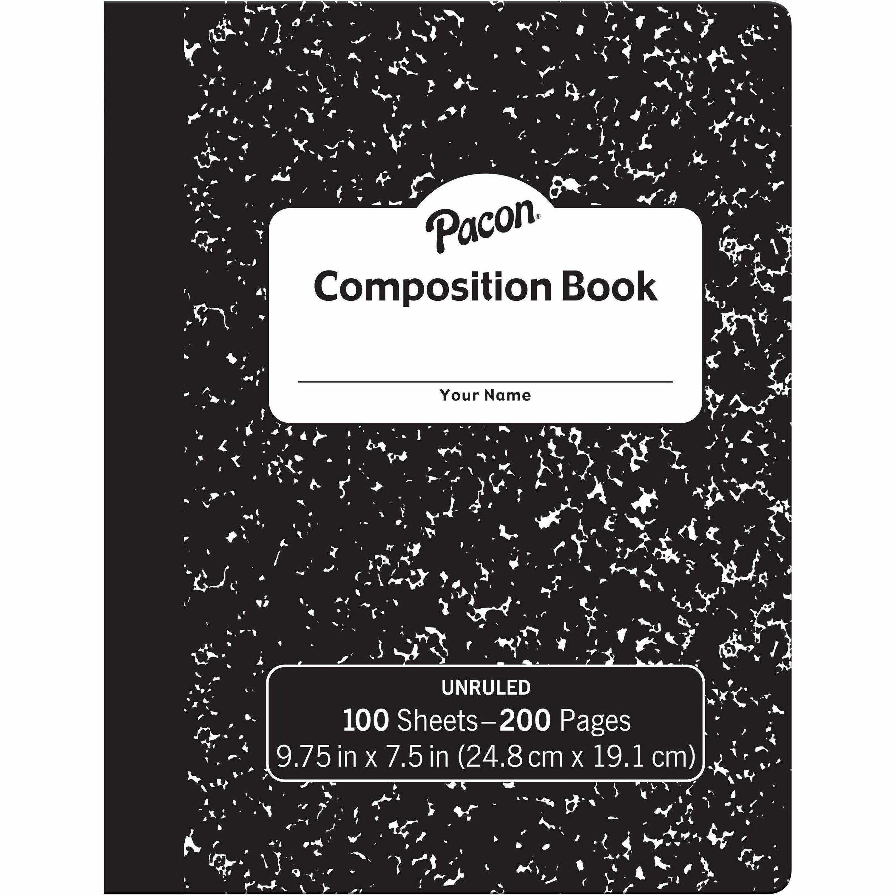 Pacon Unruled Compositon Book - 100 Sheets - Plain - Unruled Front Ruling - 7 1/2" x 9 3/4" Sheet Size - Black Marble Cover - 24 / Carton