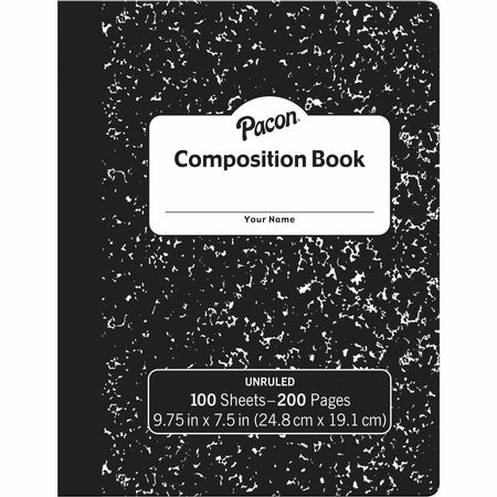 Pacon Unruled Compositon Book - 100 Sheets - Plain - Unruled Front Ruling - 7 1/2" x 9 3/4" Sheet Size - Black Marble Cover - 24 / Carton
