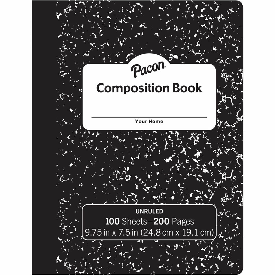Pacon Unruled Compositon Book - 100 Sheets - Plain - Unruled Front Ruling - 7 1/2" x 9 3/4" Sheet Size - Black Marble Cover - 24 / Carton