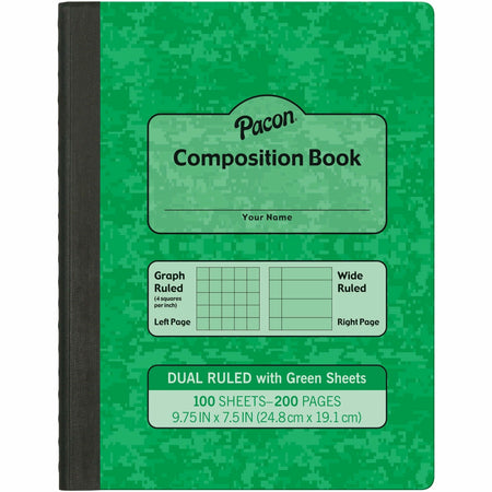 Pacon Dual Ruled Composition Book - Plain - Quad Ruled, Wide Ruled Front Ruling - 9.75" Height x 7.5" Width x 0.5" Length - Green Cover - 24 / Carton