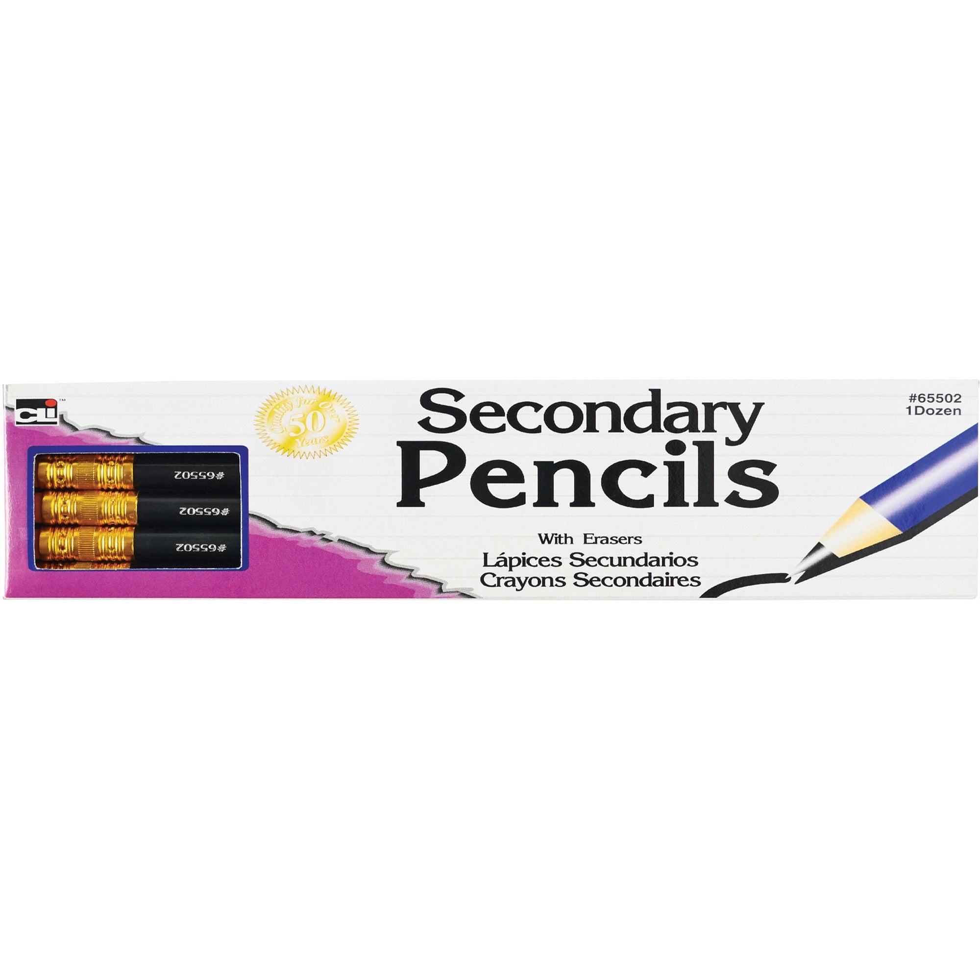 Charles Leonard Secondary Pencils with Eraser - Black Lead - Blue Barrel - 12/Pack - 12 / Box