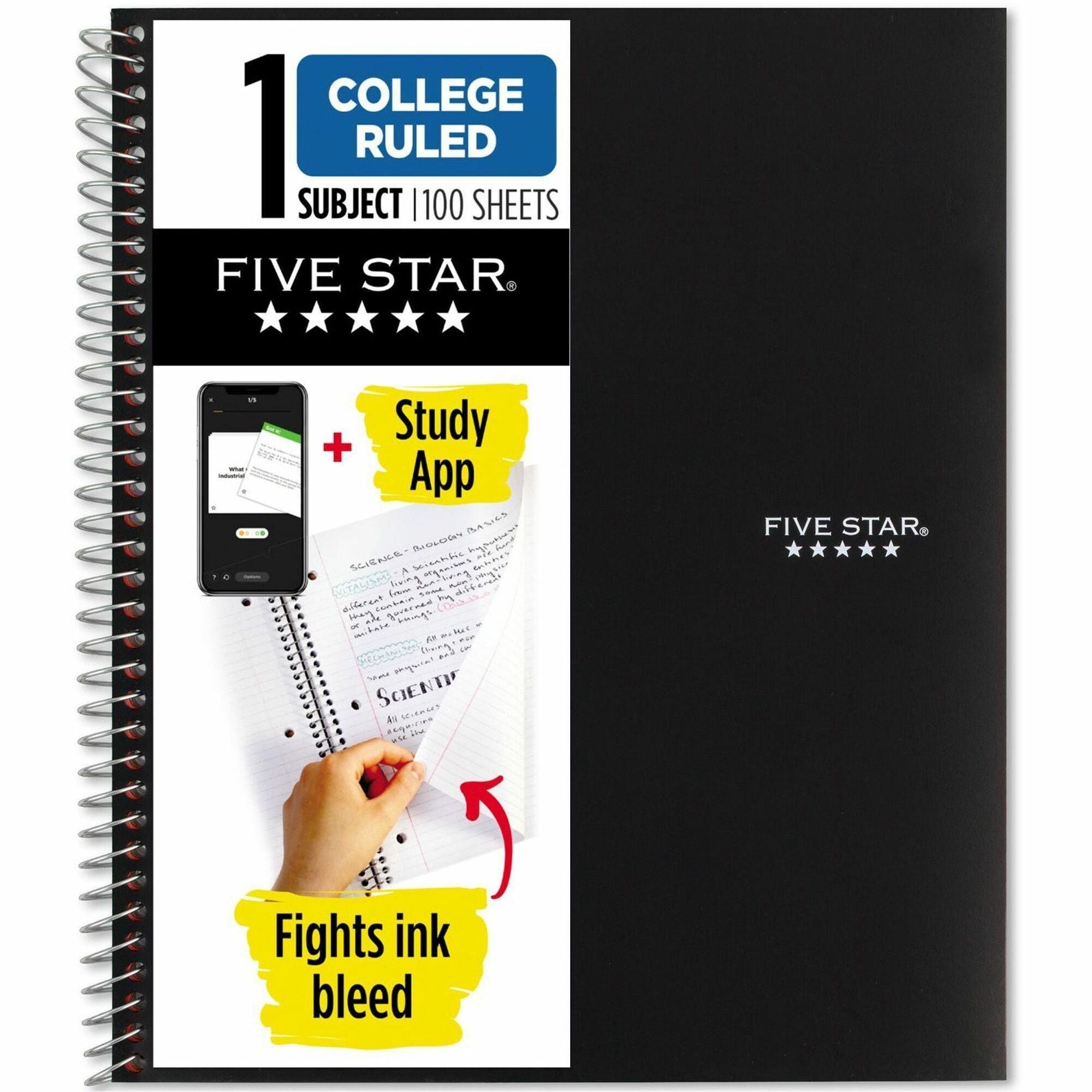 Five Star College Ruled 1-subject Notebook - 100 Sheets - Wire Bound - Wide Ruled Front Ruling - 8" x 11" Sheet Size - Black Plastic Cover - 1 Each
