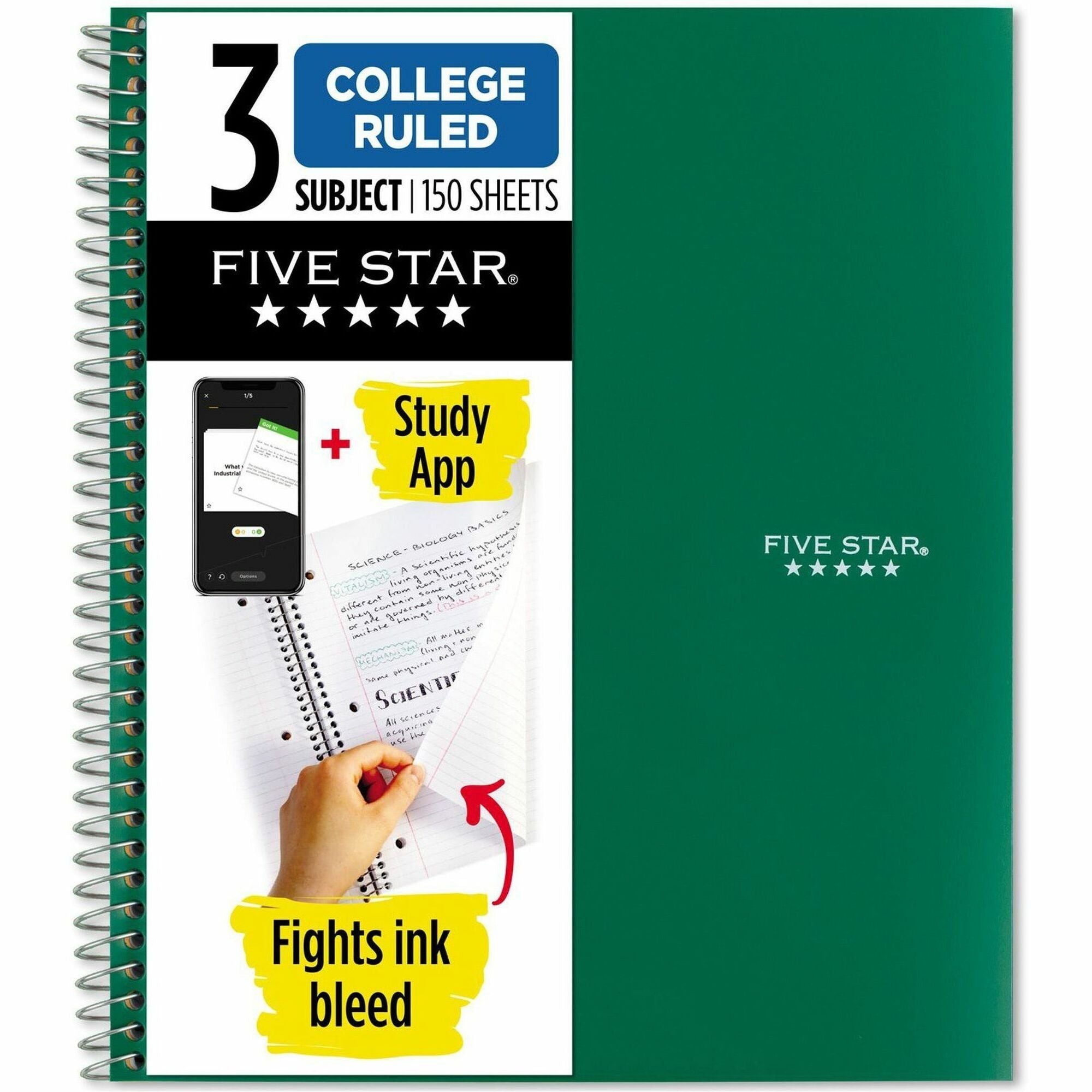Five Star College Ruled 3 - subject Notebook - Letter - 150 Sheets - Wire Bound - College Ruled Front Ruling - Letter - 8 1/2" x 11" Sheet Size - Green Kraft Cover - 1 Each