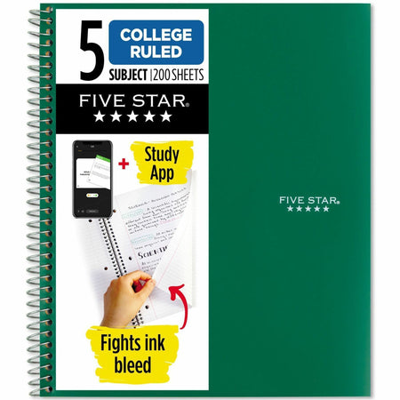 Five Star Wirebound College Rule 5 - subject Notebook - Letter - 200 Sheets - Wire Bound - College Ruled Front Ruling - Letter - 8 1/2" x 11" Sheet Size - Green Cover - 1 Each