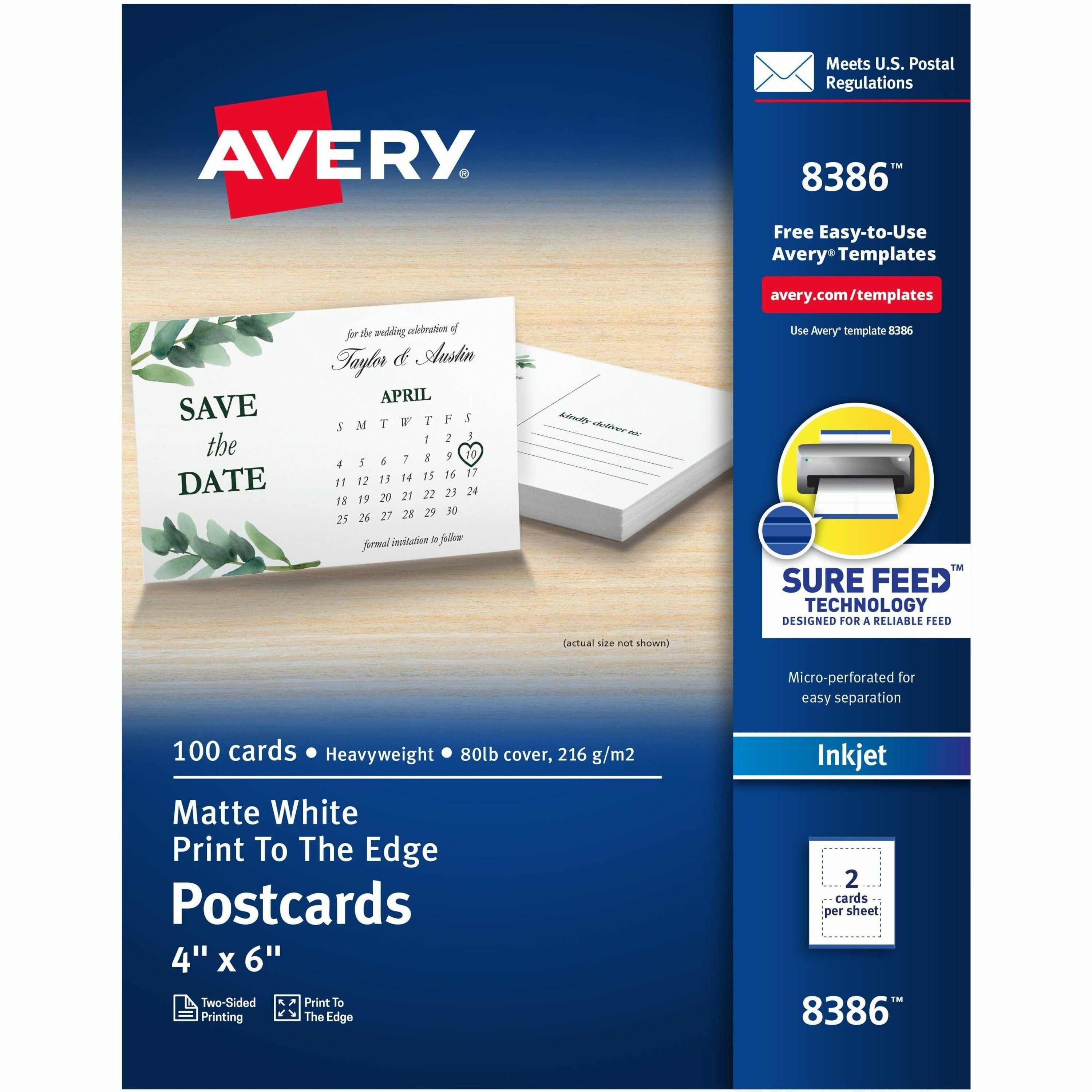 Avery®  Sure Feed Postcards - 97 Brightness - 4" x 6" - 80 lb Basis Weight - 216 g/m&#178; Grammage - Matte - Perforated, Heavyweight, Rounded Corner, Print-to-the-edge, Recyclable, Biodegradable, Coated - White - 100 / Box