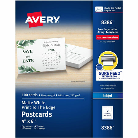 Avery®  Sure Feed Postcards - 97 Brightness - 4" x 6" - 80 lb Basis Weight - 216 g/m&#178; Grammage - Matte - Perforated, Heavyweight, Rounded Corner, Print-to-the-edge, Recyclable, Biodegradable, Coated - White - 100 / Box