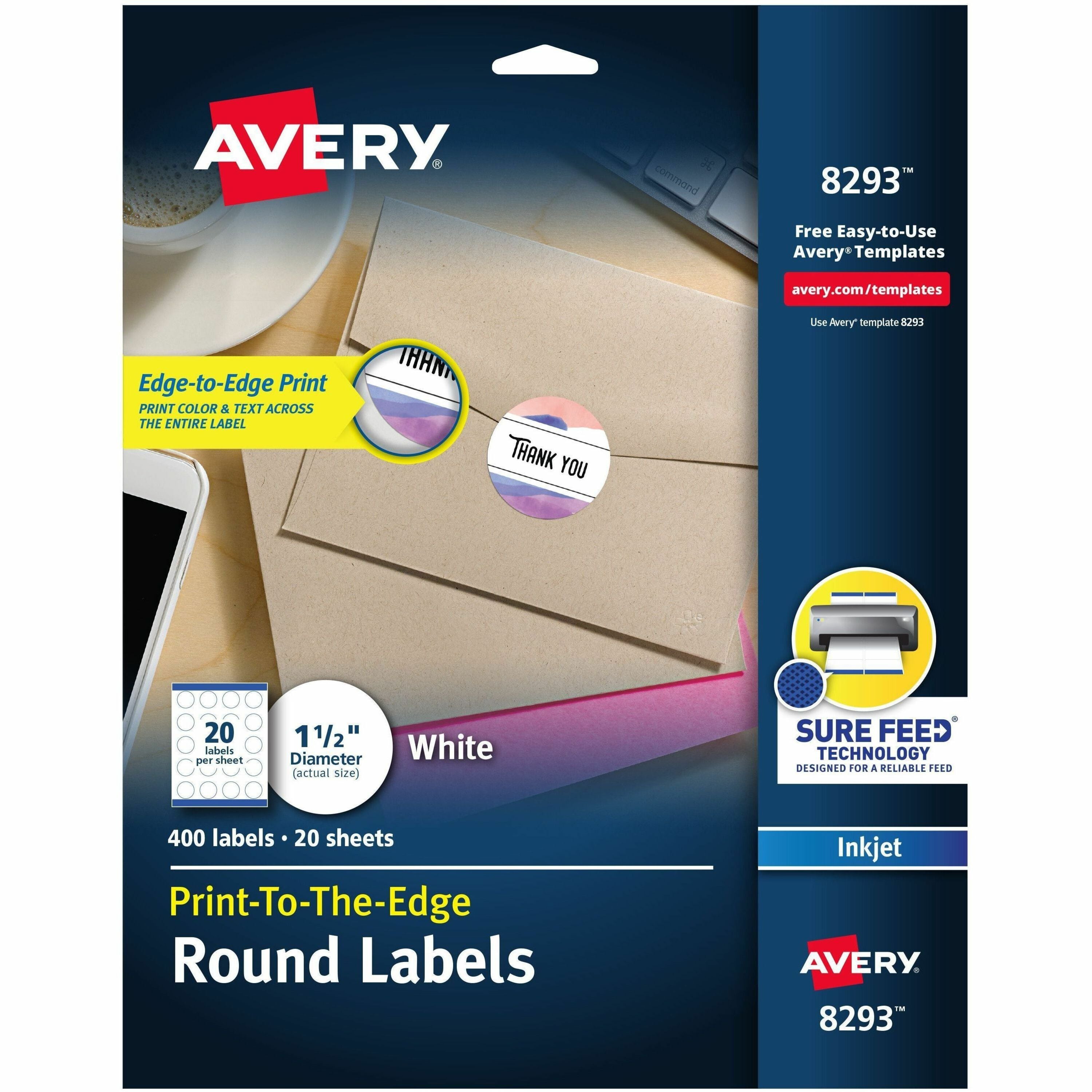Avery®  High Visibility Round Labels - 1 1/2" Diameter - Permanent Adhesive - Round - Inkjet - Matte - White - Paper - Print-to-the Edge, Permanent Adhesive, Stick & Stay - 20 / Sheet - 20 Total Sheets - 400 Total Label(s) - 400 / Pack