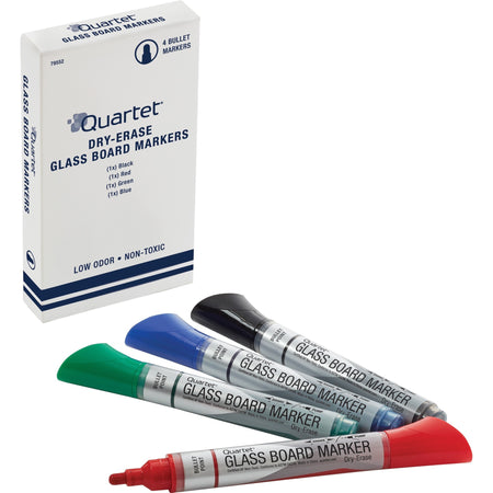 Quartet Premium Dry-Erase Markers for Glass Boards - Bullet Marker Point - Erasable - Black, Blue, Red, Green Ink - 4 / Pack