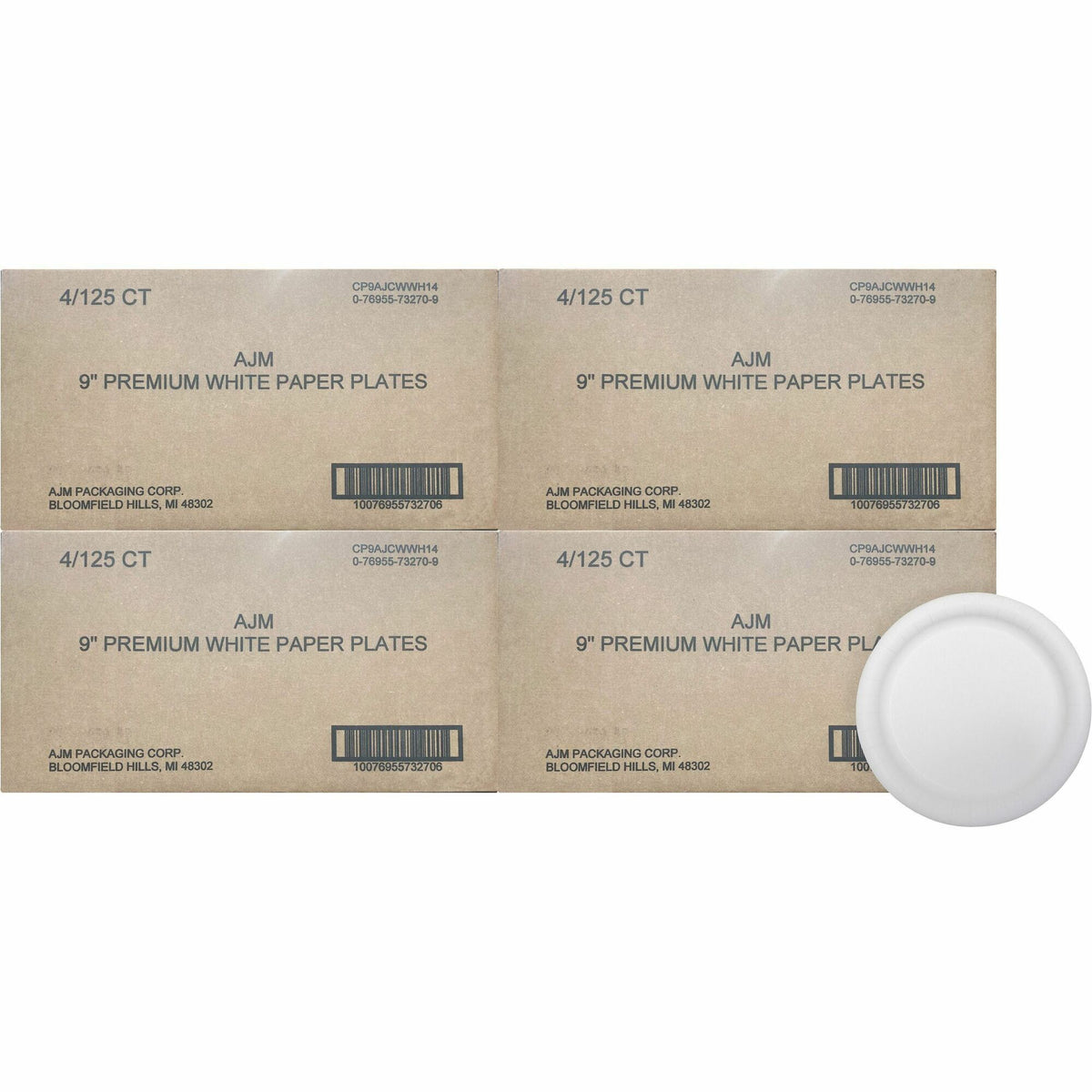 AJM 9" Dinnerware Paper Plates - Disposable - 9" Diameter - White - Paper Body - 125/Pack - 4 / Carton