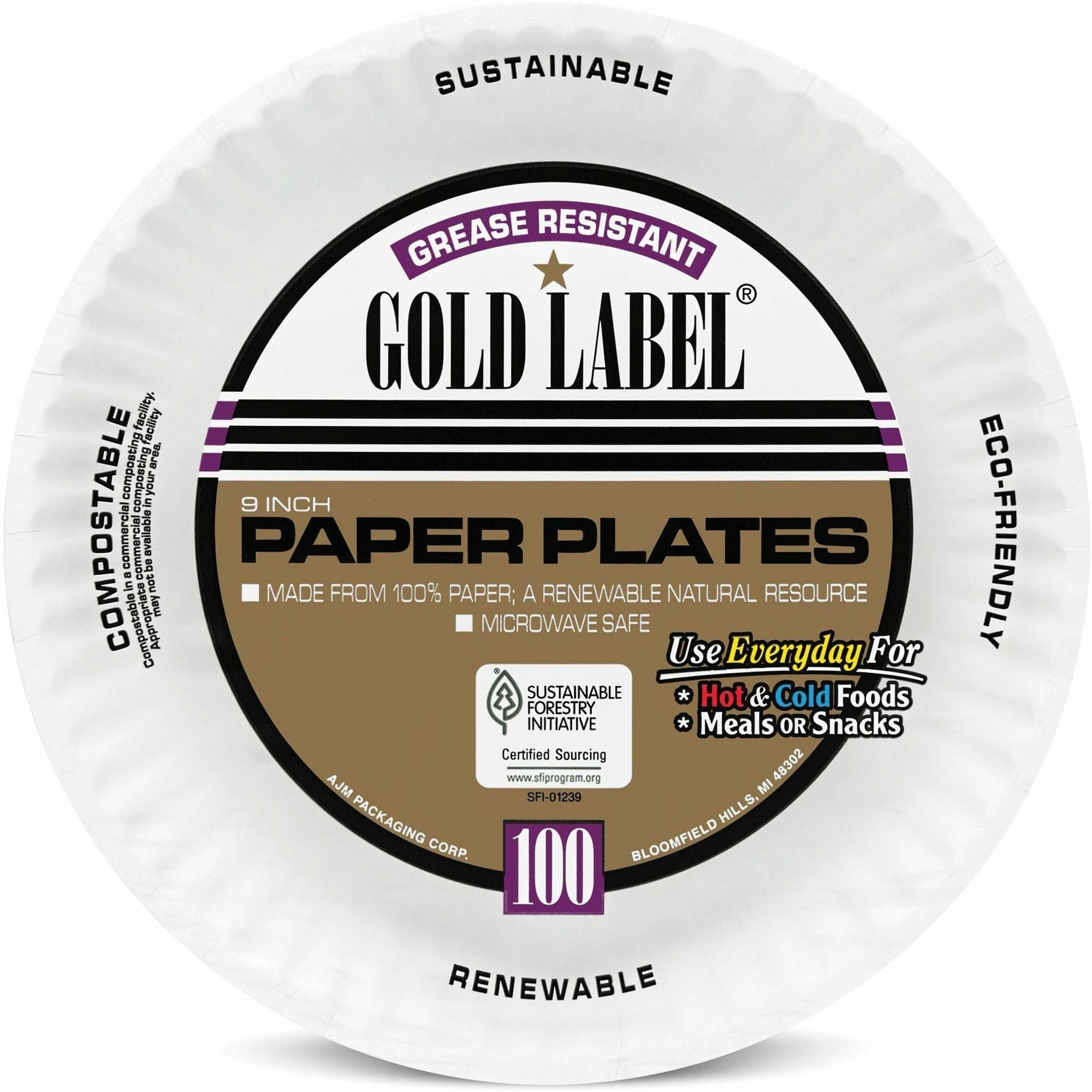Gold Label 9" Dinnerware Paper Plates - Serving - Disposable - Microwave Safe - 9" Diameter - White - Paper Body - 100 / Pack