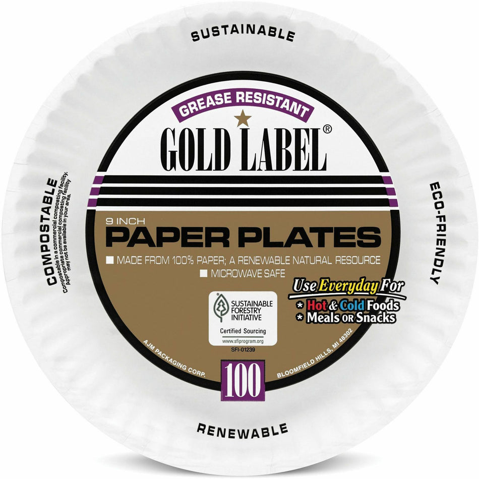 Gold Label 9" Dinnerware Paper Plates - Serving - Disposable - Microwave Safe - 9" Diameter - White - Paper Body - 100 / Pack