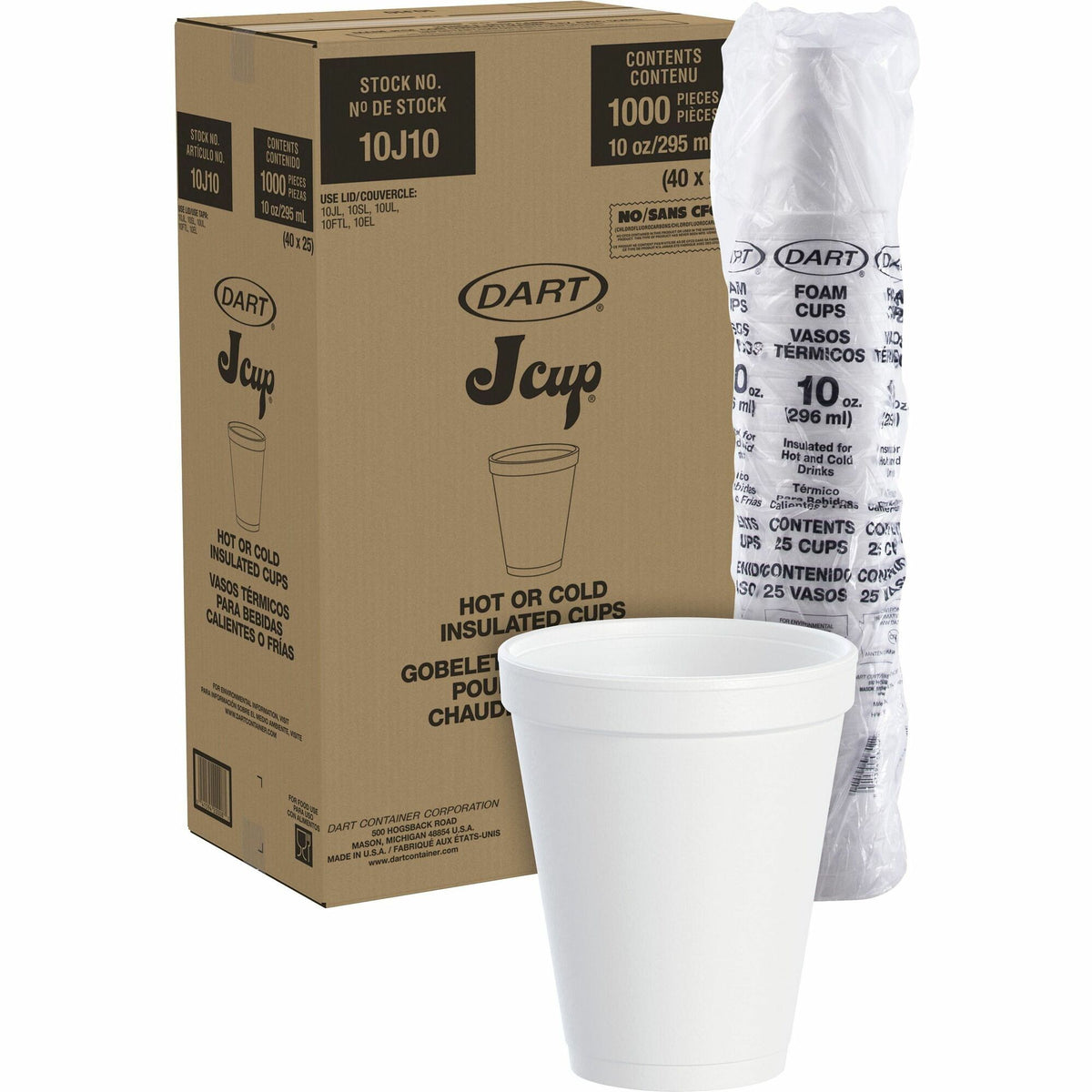 Dart J Cup 10 oz Insulated Foam Cups - 10 fl oz - White - Foam - Beverage - 25/Bag - 40 / Carton