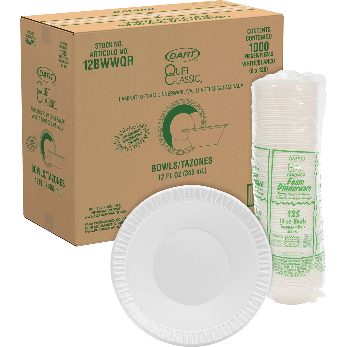 Dart Quiet Classic 12 oz Laminated Foam Bowls - Serving - White - Foam, Plastic Body - 125/Pack - 8 / Carton