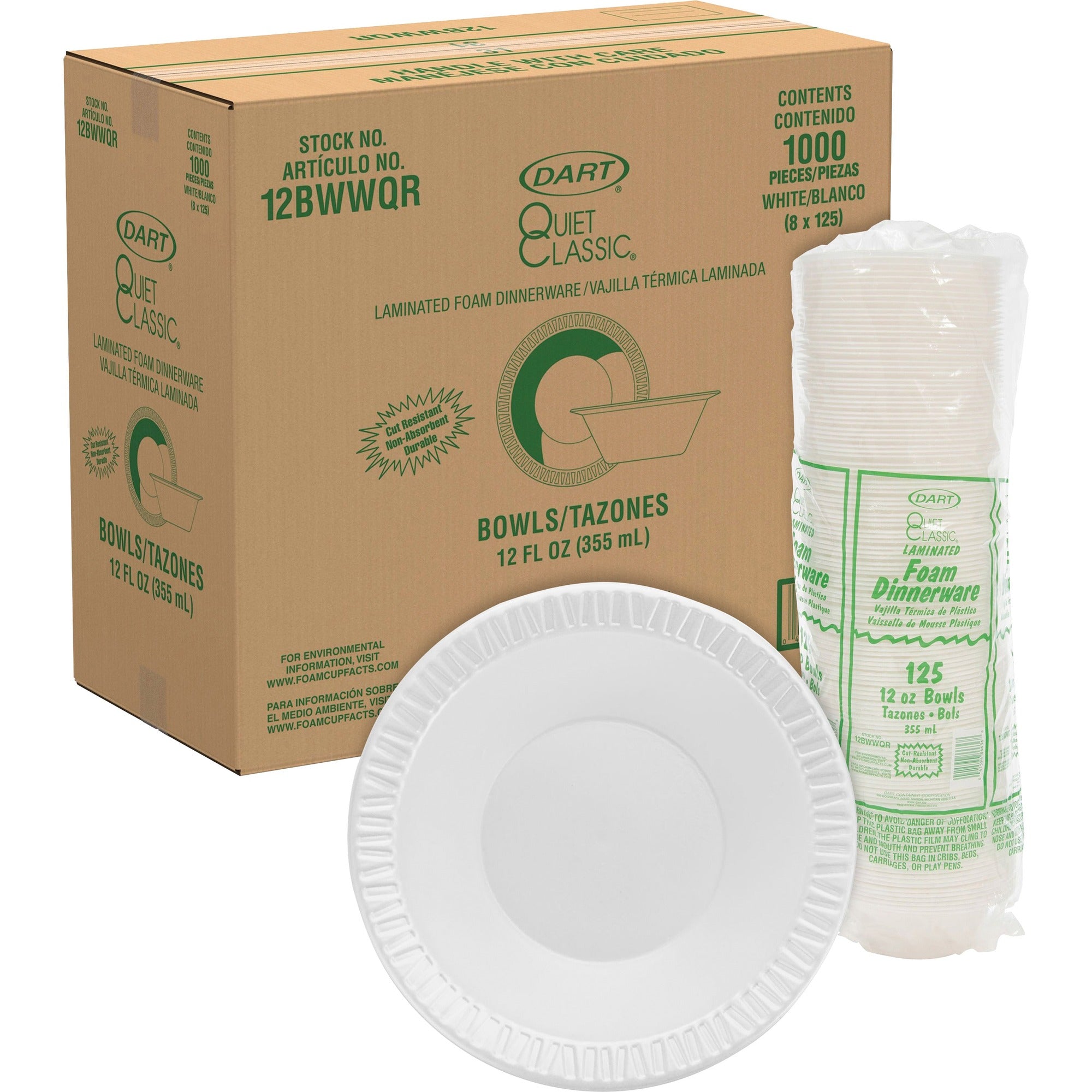 Dart Quiet Classic 12 oz Laminated Foam Bowls - Serving - White - Foam, Plastic Body - 125/Pack - 8 / Carton