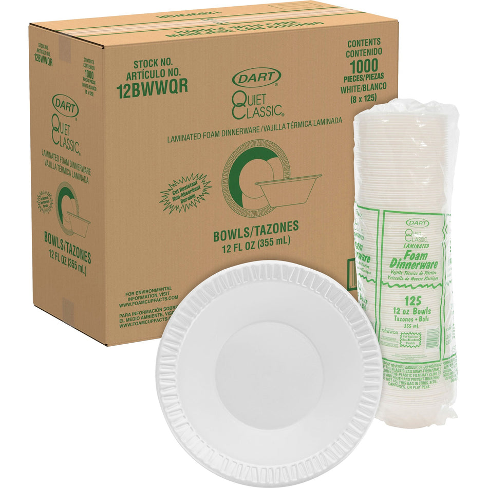 Dart Quiet Classic 12 oz Laminated Foam Bowls - Serving - White - Foam, Plastic Body - 125/Pack - 8 / Carton