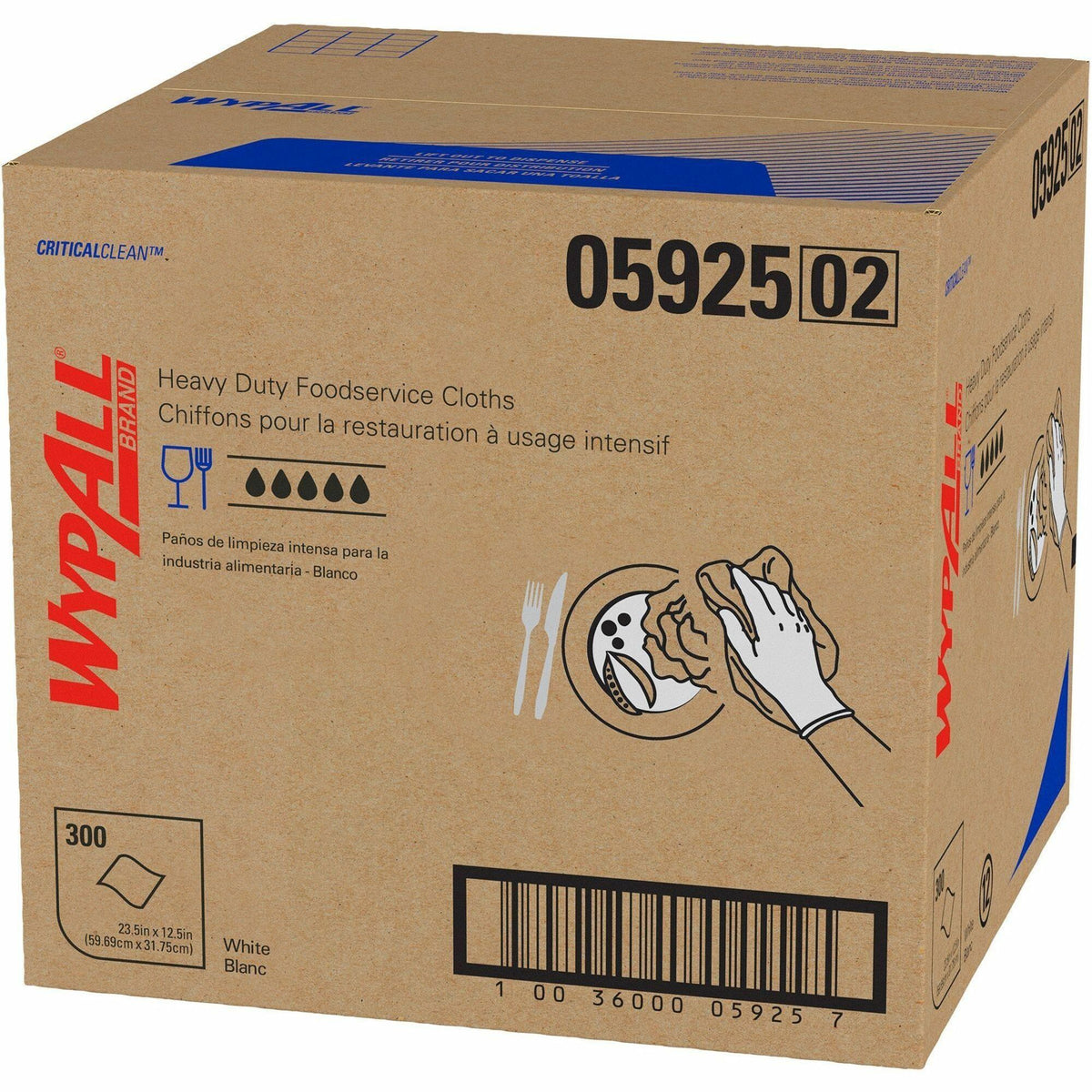 Wypall CriticalClean Heavy Duty Foodservice Cloths - Quarter-fold - 12.50" Width x 23.50" Length - White - Hydroknit - 300 / Carton