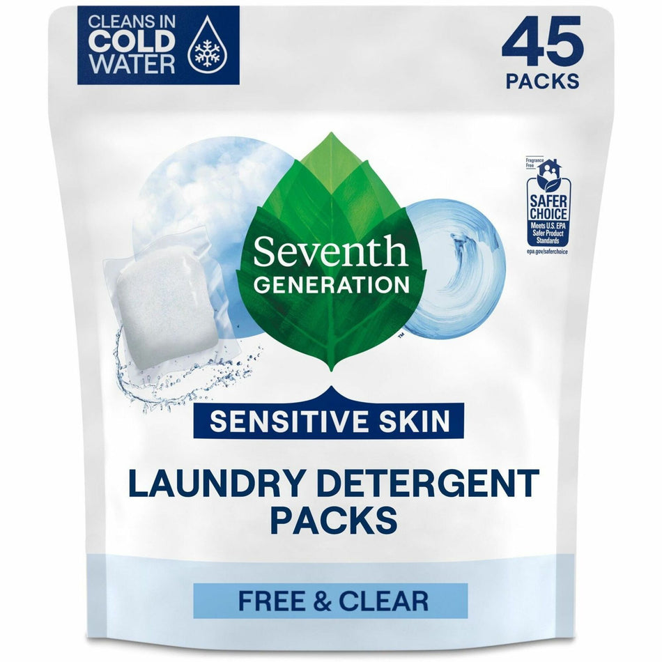 Seventh Generation Laundry Detergent - For Laundry - Free & Clear Scent - Recommended For: Stain Remover - Non-toxic, Hypoallergenic, Non-irritating, Cruelty-free, Bio-based, Unscented, Gluten-free - White/ - 45 / Pack