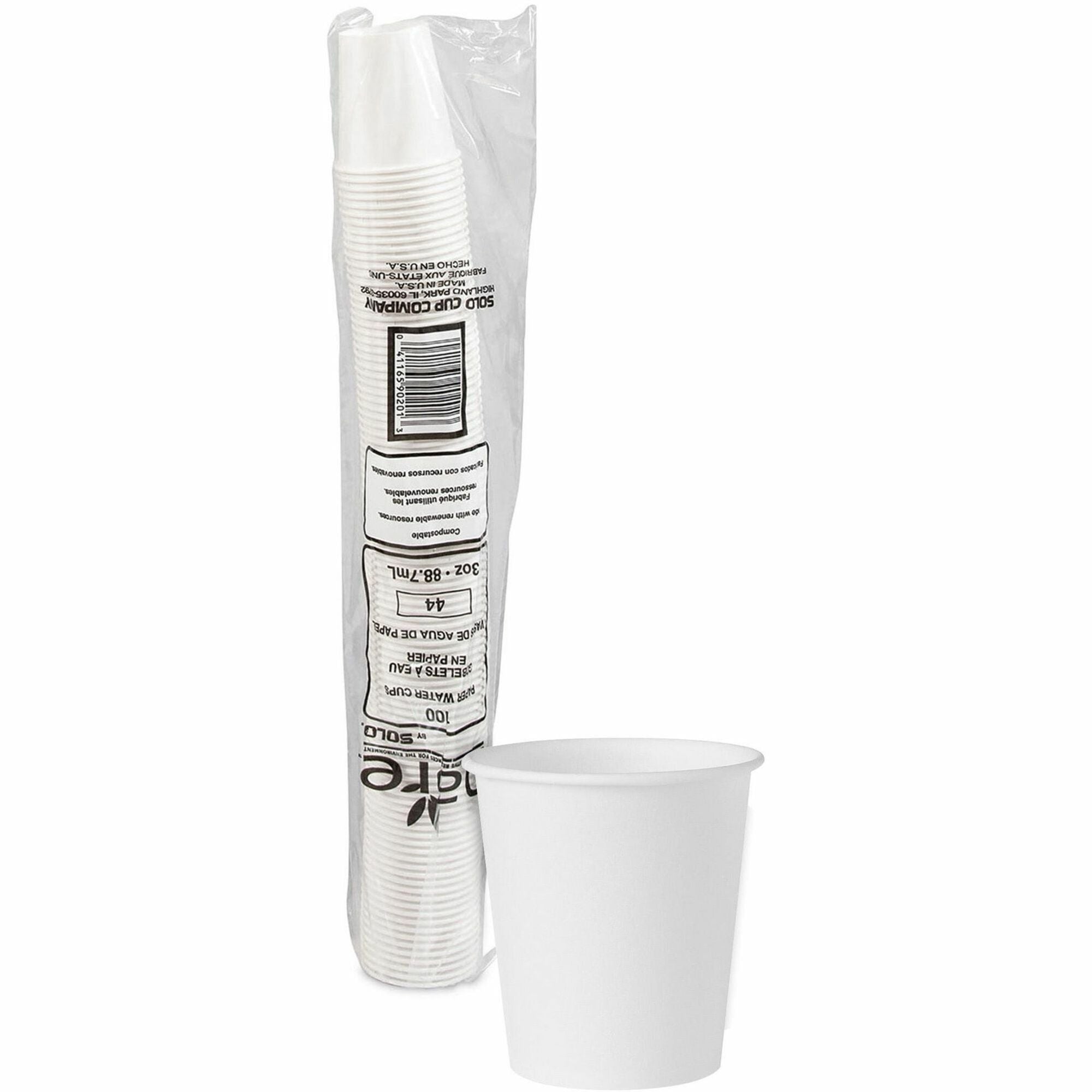 Solo 3 oz Treated Paper Water Cups - 3 fl oz - White - Paper - Water - 100 / Pack