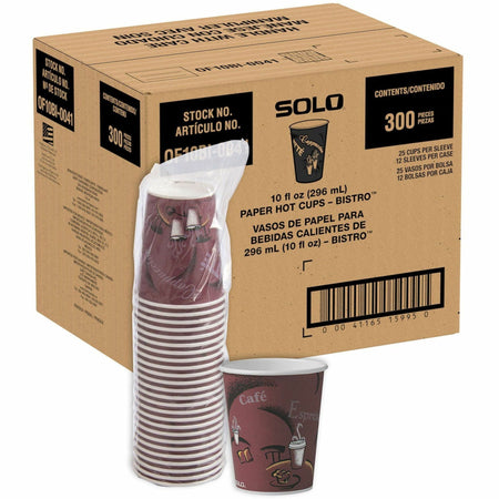 Solo 10 oz Bistro Design Hot Cups - 10 fl oz - Round - Maroon - Poly Paper - Hot Drink, Coffee, Tea, Cocoa - 300 / Carton