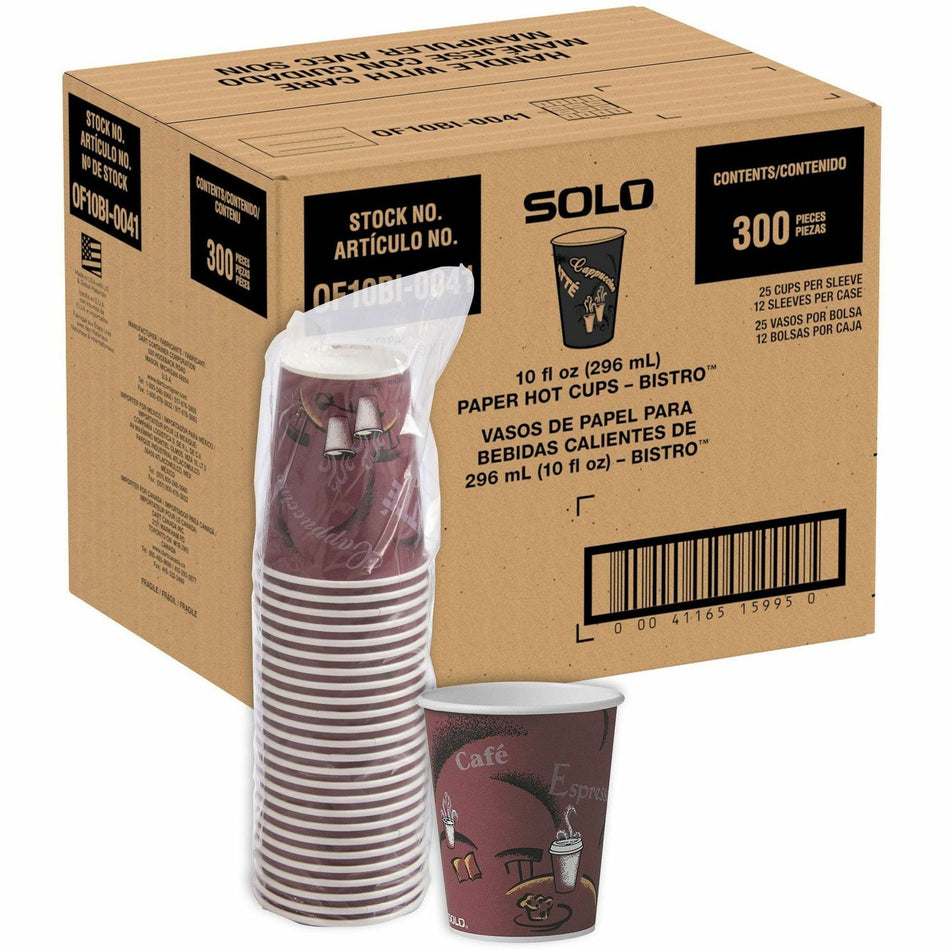 Solo 10 oz Bistro Design Hot Cups - 10 fl oz - Round - Maroon - Poly Paper - Hot Drink, Coffee, Tea, Cocoa - 300 / Carton