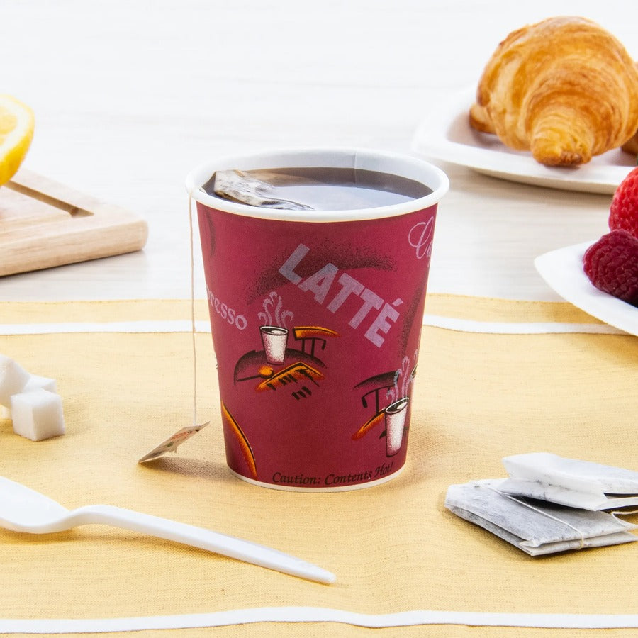 Solo 10 oz Bistro Design Hot Cups - 10 fl oz - Round - Maroon - Poly Paper - Hot Drink, Coffee, Tea, Cocoa - 300 / Carton
